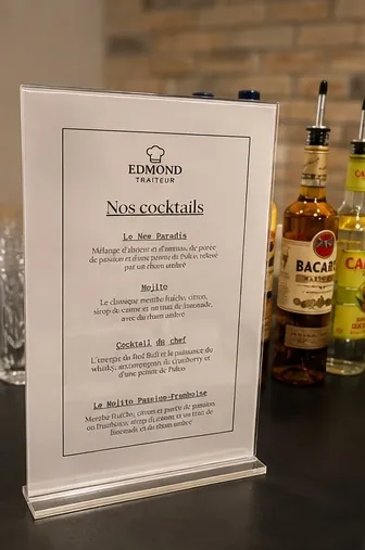 Chevalet présentant la carte des cocktails Edmond Traiteur devant les bouteilles du bar