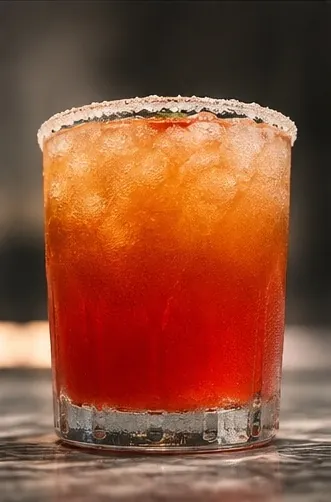 Cocktail signature rouge à la glace pilée et au bord givré, servi par la barmaid Edmond Traiteur