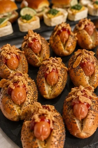 Mini hot-dogs au pain aux graines de pavot garnis d'oignons frits sur un plateau noir